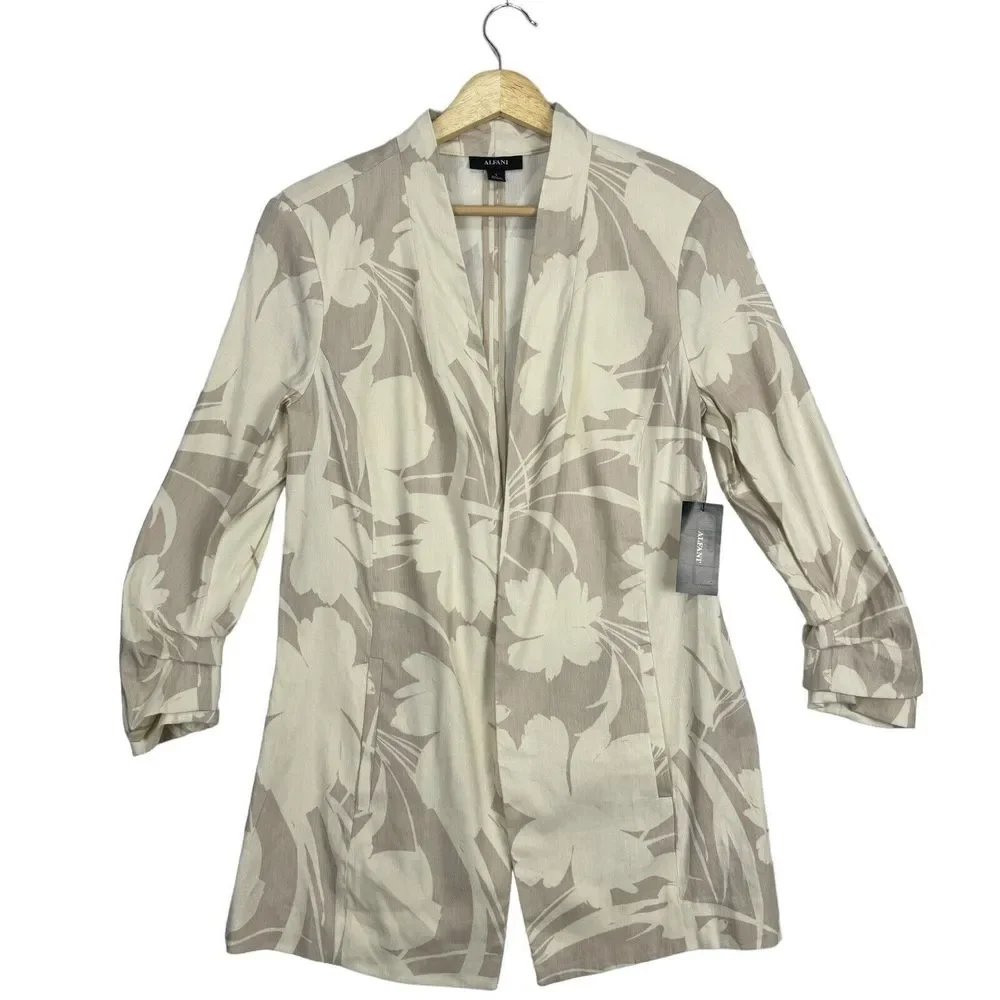 Alfani Floral Linen Cardigan Size Small Long Tan Draped Open Front Ruched Sleeve